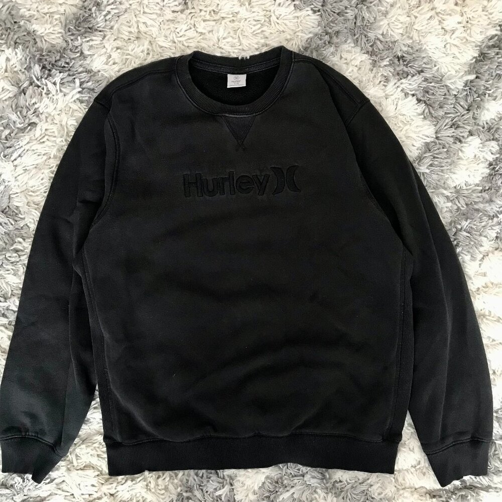 Hurley Men's Large Crewneck Pullover Sweater Black on Black Embroidered Faded